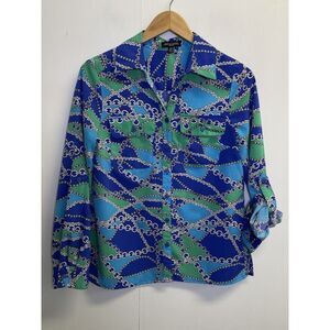 Notations‎ Women's Petite PM Button Down Roll-up Sleeve Shirt Chain Print Multi